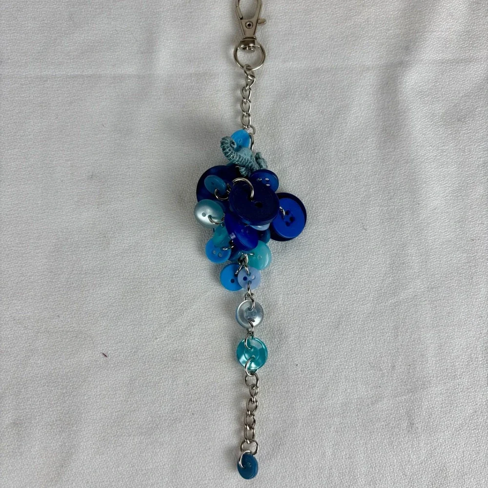 Handmade Blue Button Cluster Bag Charm Seahorse Nautical Keychain Silver Tone